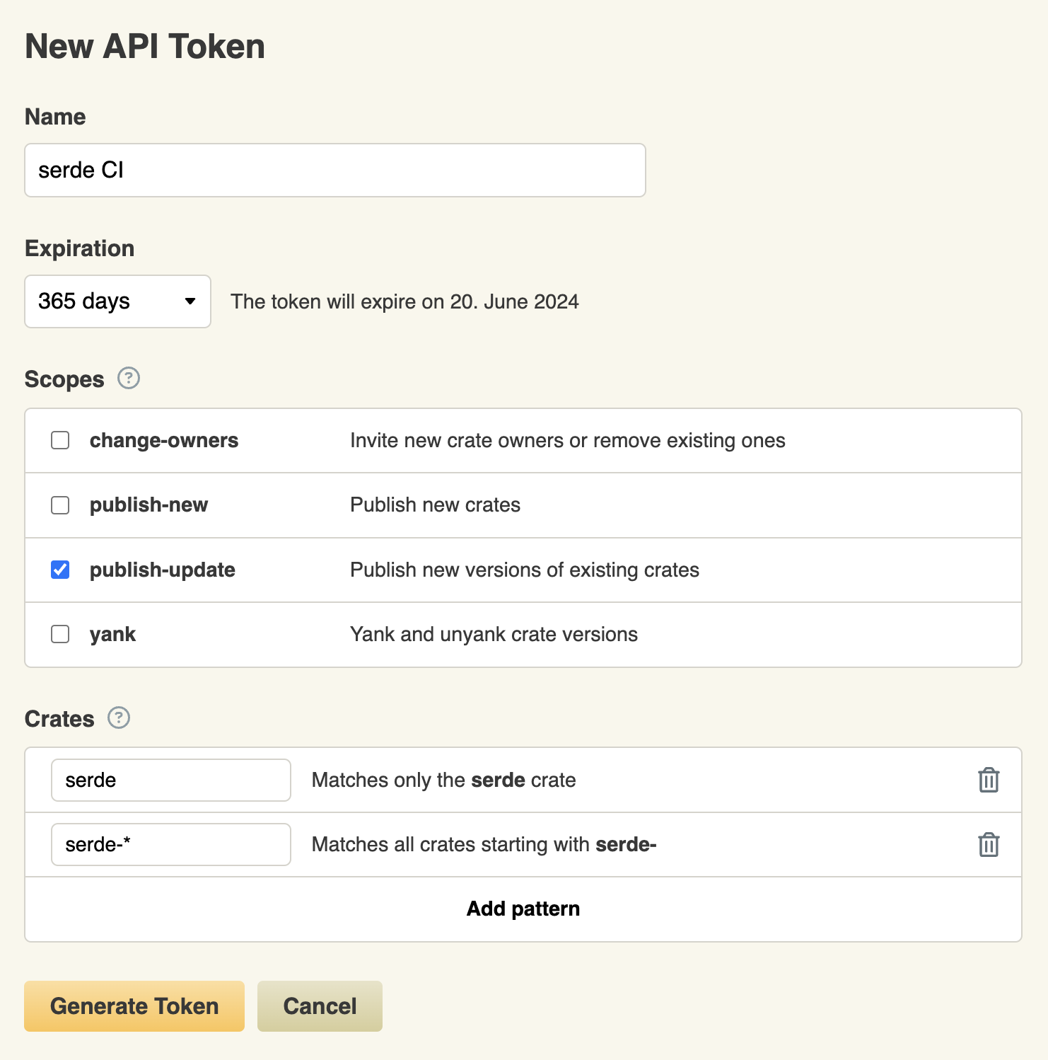 New token form on crates.io